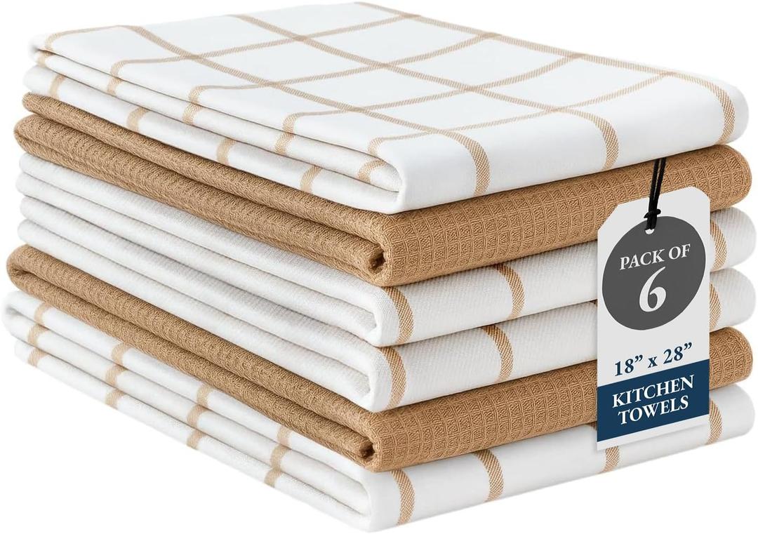 LANE LINEN Cotton Kitchen Towels and Dish Cloths Set, 6-Pack  Absorbent, Quick-Drying Dish Towel, 18" x 28", Soft, Premium Hand and Tea Towels - Beige
