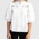 Esmeling Women Lace Embroidered Eyelet Top Mock Neck Puff Ruffle Sleeve Shirt Hollow Out Button Down Blouse (White, L)