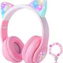 Cat Ear Kids Headphones Bluetooth, LED Light up Wireless/Wired Mode Over Ear Headphones with Build in Microphone for School/Travel (Pink)