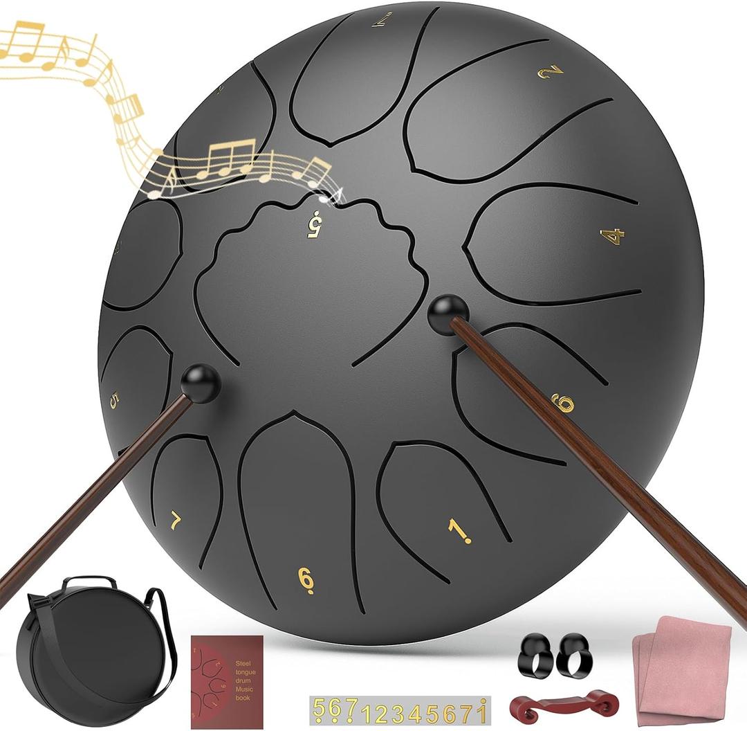 Rain Drum for Outside Garden, 8 Inches 11 Notes Steel Tongue Instrument Drum, Waterproof Meditation Rain Chime, Musical Instruments for Adult Gift with Bag, Music Book, Mallets (Black)