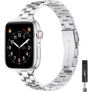 OMIU Thin Band Compatible with Apple Watch Premium Stainless Steel Metal Replacement Adjustable Wristband Strap for iWatch Ultra Silver, (38mm 40mm 41mm 42mm(Series 10 11))