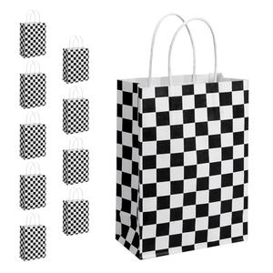 JasperKino 10 Pcs Checkered Racing Treat Bags Race Car Party Favors Bag with Handles Black and White Checkered Racing Flag Candy Bags Goodie for Race Car Themed Birthday Party Supplies