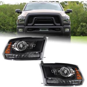 Duolctarms Factory Style 9PINS W/Halogen DRL Black Housing Amber Reflector Headlight Headlamp Assembly Compatible for 2013-2018 Dodge Ram 1500 2500 3500 Left & Right