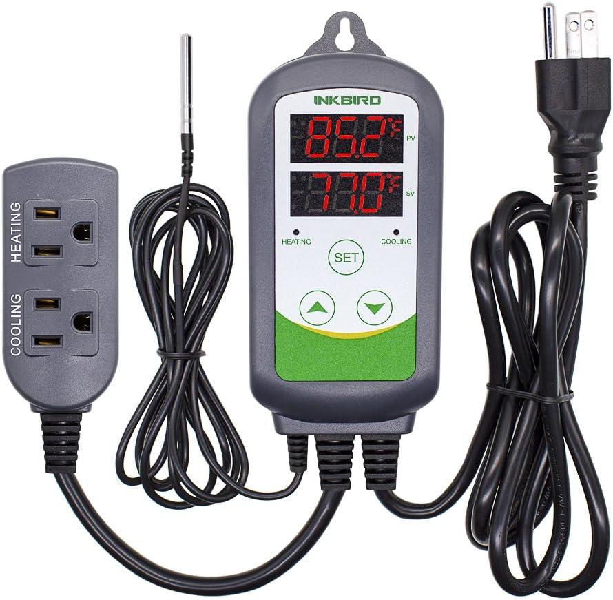Inkbird ITC-308 Digital Temperature Controller Thermostat, 110V 10A 1100W 2-Stage Outlet with Heating and Cooling Mode for Carboy Homebrew Fermenter Greenhouse Terrarium, Non-WiFi 