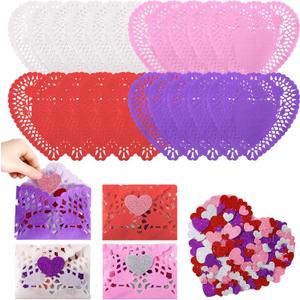 300PcsCraft Gift Heart Paper Doilies Sets Including 100 * 10 Inch Valentine Lace Paper Heart Doilies, 200 Glitter Heart Shaped Stickers for Mother's Day Wedding Cakes Desserts Food Decor