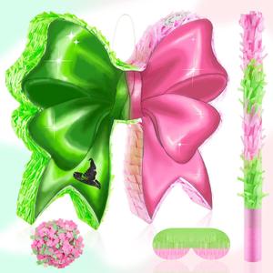 Green and Pink Bow Piata, Watercolor Witch Party Decorations Bow Piata Set with Bat Stick, Blindfold Mask and Confetti for Girls Green and Pink Birthday Party Supplies Princess Decor