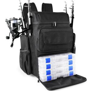 Fishing Tackle Backpack With Rod Holders, 45L Large Tackle Bag & Fishing Tackle Backpack for Fishing, Camping, Hiking,Black