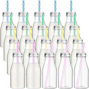 Yinkin 20 Set Plastic Milk Bottles with Straws Metal Lids Clear Plastic Containers for Dairy Milk Party Bottle for Juices Shakes Smoothies(8 oz,Pastel Color)