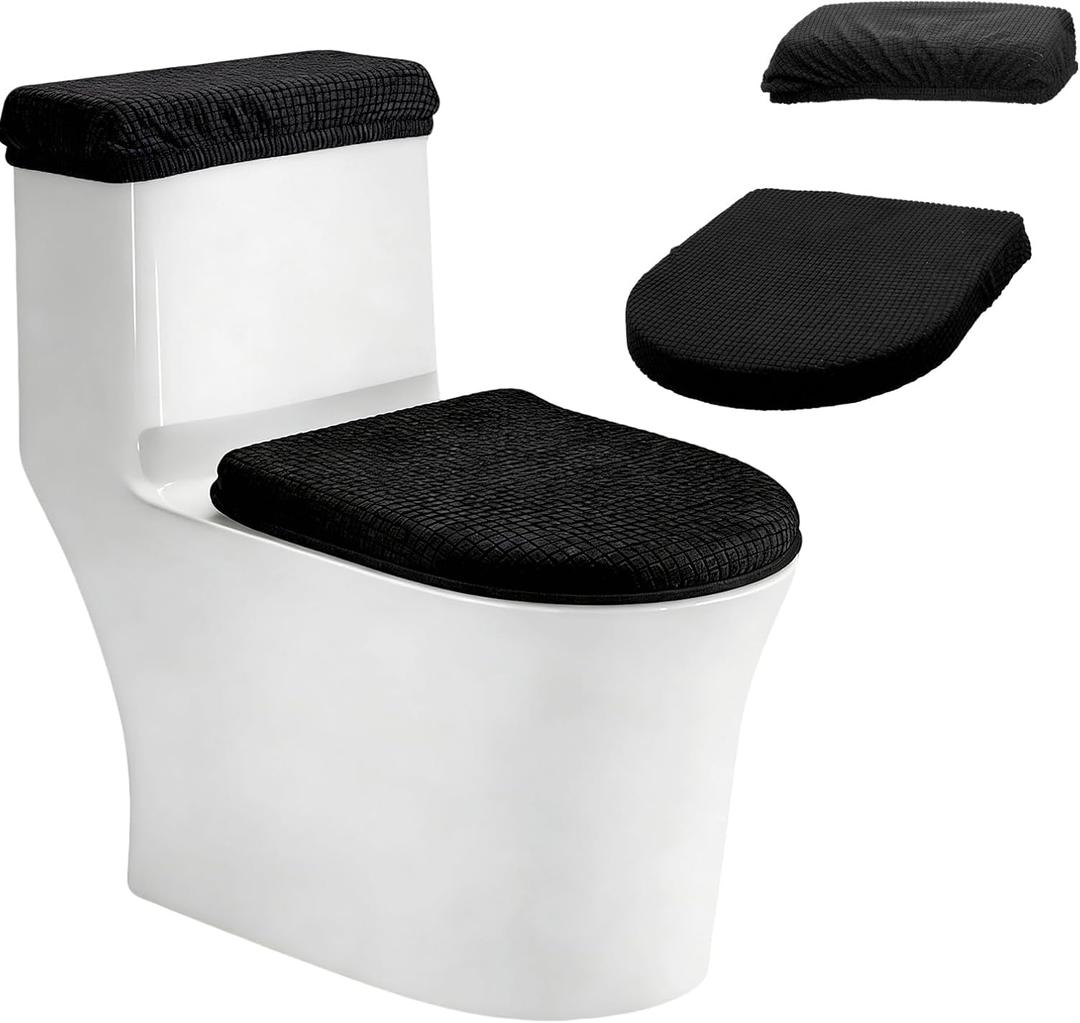 Avxdbr 2 Pieces Toilet Lid Cover and Toilet Tank Lid Cover Set with Small Grid Elastic for Universal Toilet Cover and Tank Lid Replacement Bathroom Decor Accessories Black