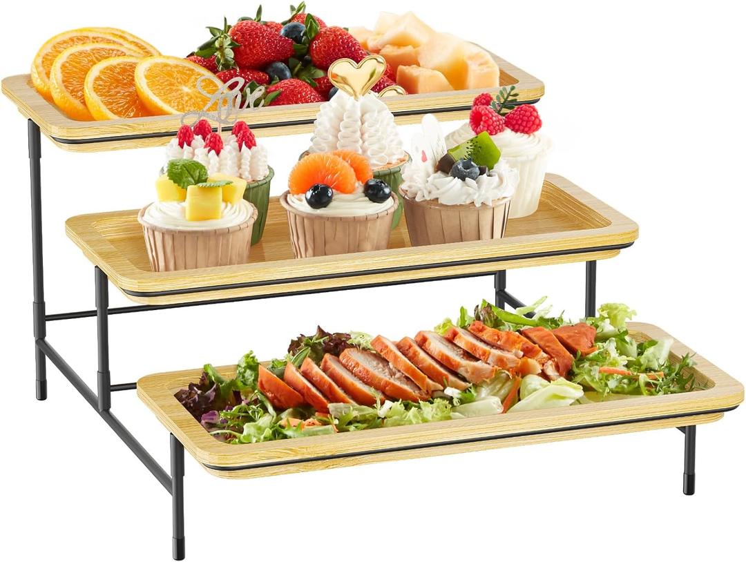 Lifewit 3 Tier Bamboo Serving Tray for Party Supplies, 12" x 6.5" Platters for Serving Food, Reusable Trays with Black Metal Display Stand for Veggie, Fruit, Cookies, Dessert