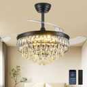 42'' Chandelier Ceiling Fan with Lights, Retractable Fan with Remote and APP, Crystal Fandelier Ceiling Fan, Dimmable LED, Reversible Motor, Quiet for Bedroom Living Room-Black