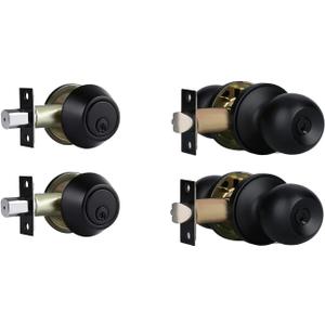Exterior Door Lock Set with Deadbolt, Single Cylinder Deadbolt Lock and Door Knob Set, Keyed Alike Door Locks for Front Door, Matte Black Door Knob and Deadbolt Set(2Pack Set)