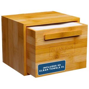Clean Skin Club Luxe Bamboo Box with Drawer & Towels XL, Face Towel, Disposable Makeup Remover Dry Wipes, Facial Wash (Bamboo Container Drawer) (50 Count (Pack of 1))