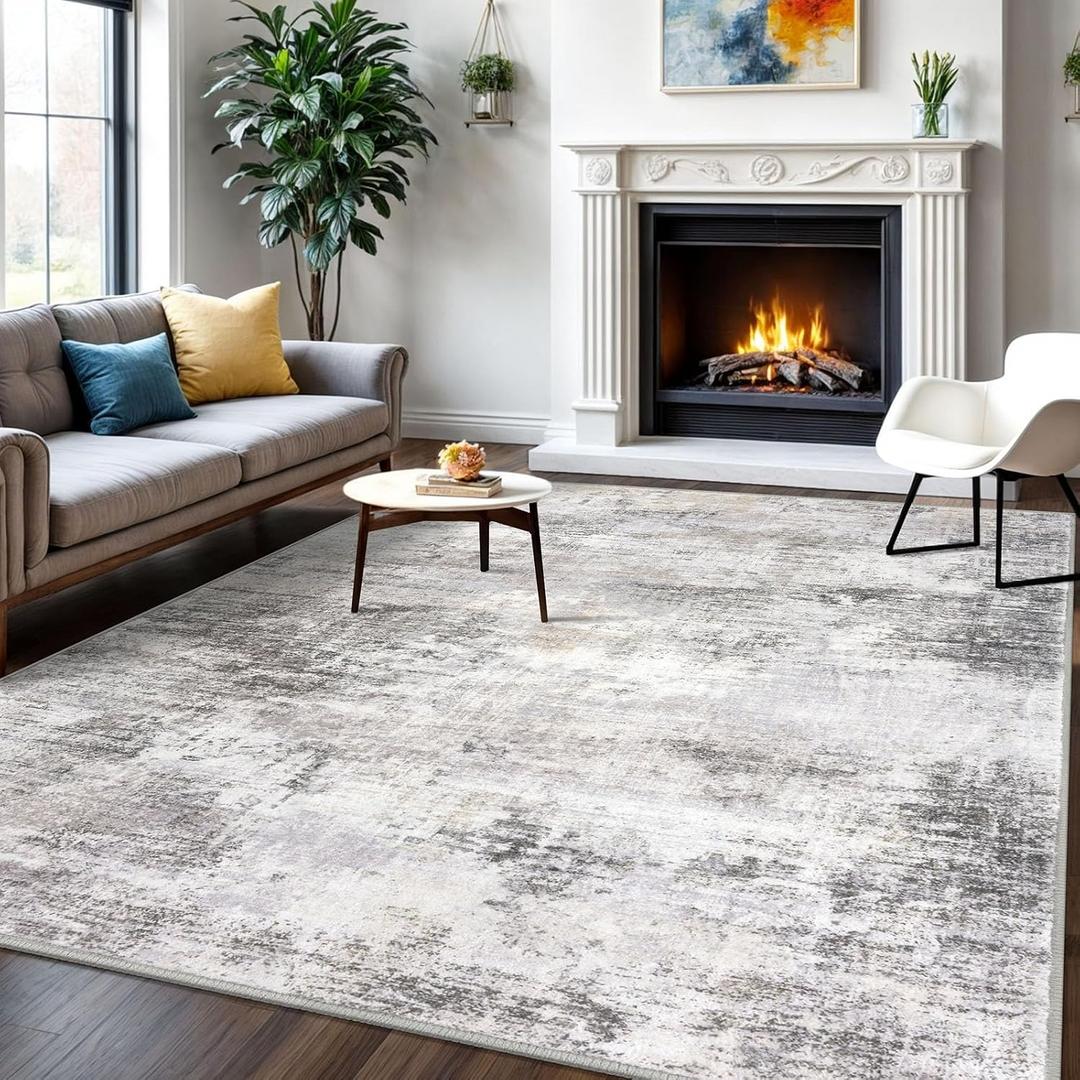 Abstract Area Rugs 6x9 Ft Washable Rugs for Living Room, Non Slip Dining Room Rug, Printed Faux Wool Rugs for Bedroom, Floor Carpet for Office Nursery Playroom, Grey Beige
