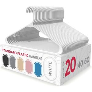 Sharpty Plastic Hangers Clothes Hangers for Clothing, Closet, Coats & Shirts - Durable, Thick, Tough & Space Saving - for Everyday Standard Use, Room Essentials & Basics - 20 Pack - White