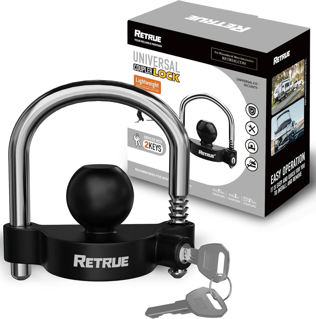 RETRUE Universal Coupler Lock Trailer Locks Ball Hitch Trailer Hitch Lock Adjustable Security Heavy-Duty Steel fits 1-7/8 Inch, 2 Inch, 2-5/16 Inch Couplers, Black