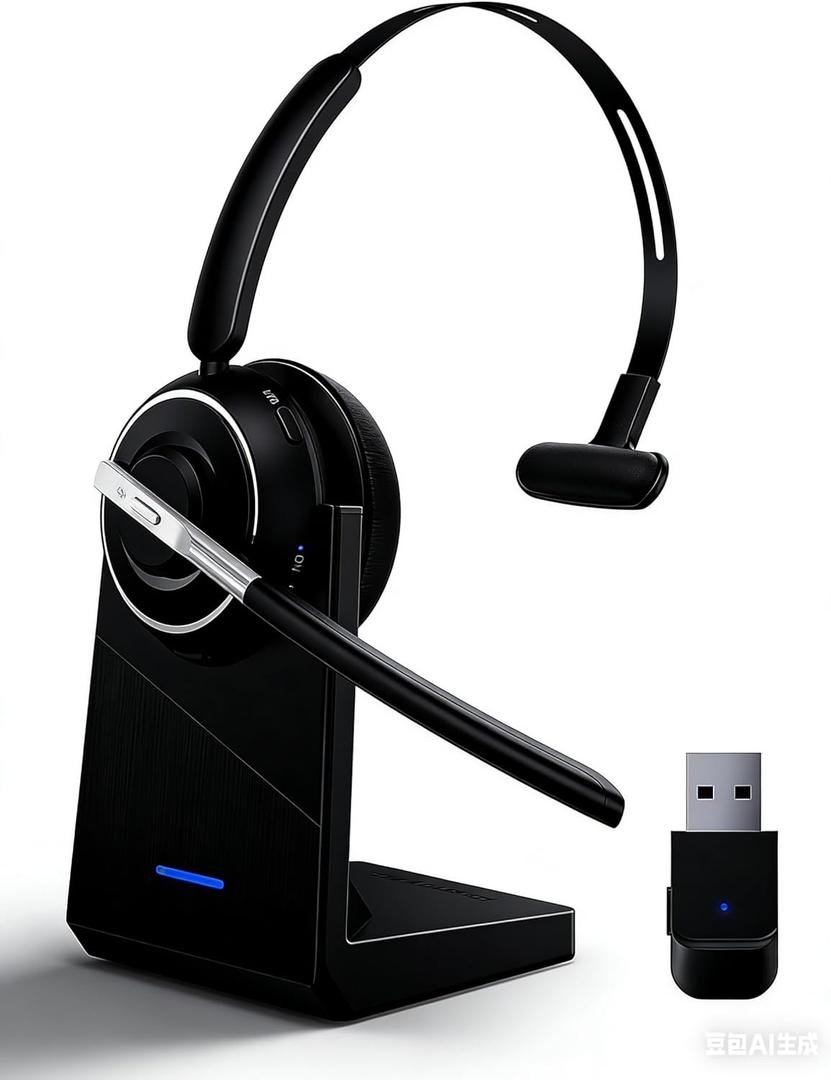 PrancyBt Wireless Headset, Bluetooth Headset with AI Noise Cancelling Mic, Bluetooth V5.2 Headphones with USB Dongle, Charging Base & Mic Mute for PC/Cell Phones/Call Center
