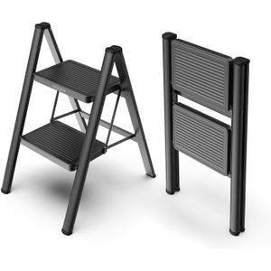 WOA WOA 2 Step Ladder, Step Stool Foldable with Wide Pedals, Portable Stepping Stool for Adults, Sturdy Steel Ladders for Home with Anti-Slip Feet, Hold 330 lbs - Black