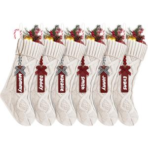 6Pack Personalized Christmas Stockings with Wooden Name Tags, 18 inches Xmas Cable Knitted Stocking for Holiday, Hanging Decoration Gifts for Family Party(White)