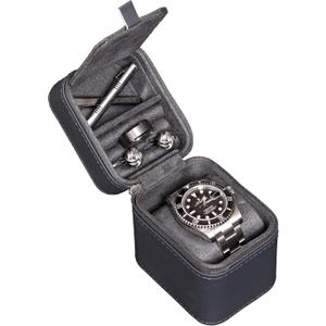 ROTHWELL Single Watch Travel Case with Accessory Compartment | Compact PU Leather Protective Box with Microsuede Interior | Fits Watches & Smartwatches Up to 55mm | Accessory Lid for Jewelry (Carbon)