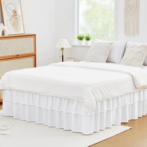 Vocander 2 Layer Bedskirt,White Queen Size Bed Skirt 14 Inch Drop Easy to Put On,Elastic Wrap Around Dust Ruffle for Bed Frame & Mattress,Luxury Bedskirt for Adjustable Bed Microfiber Fabric