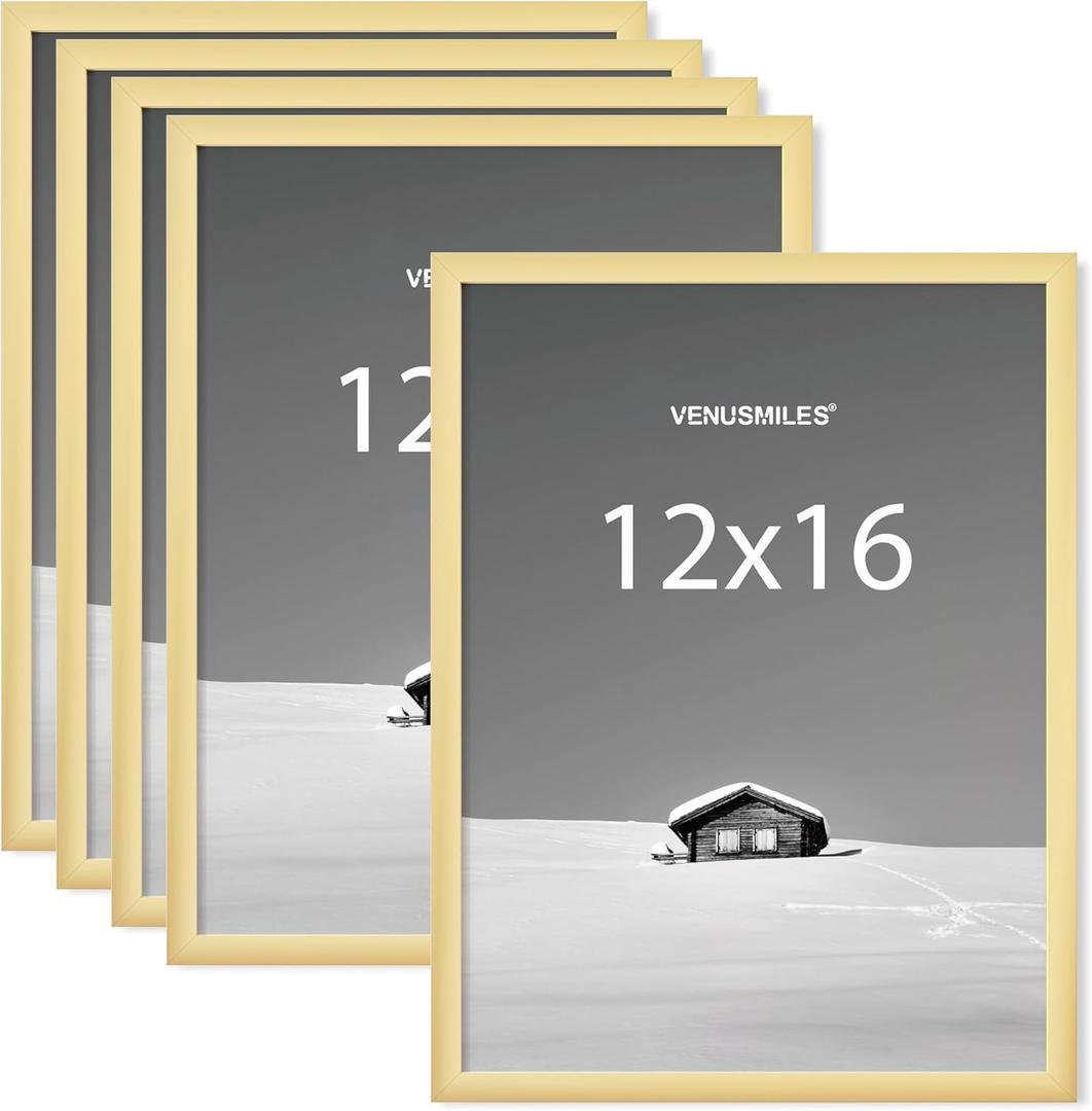 12x16 Picture Frame, Display 12x16 Photo Frames - High Definition Plexiglass - Vertical and Horizontal Display - Wall Hanging or Table Top Frame - Gold, 5 Pack