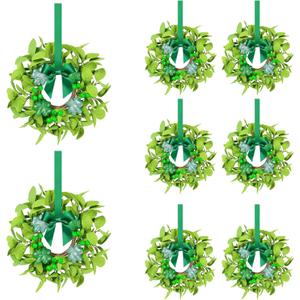 St. Patrick's Day Small Candle Rings, 8 Pcs Shamrock Wreaths with Glitter Shamrock Clovers for Table Centerpieces, Front Door, Wall, Window Indoor Outdoor Holiday Decor
