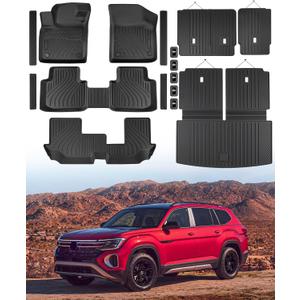 Full Set of Floor Mats for Volkswagen Atlas 2018-2025 2026(7 Seats, Not for Cross Sport), Cargo Liner & Backrest Mats & Door Sill Guards, All Weather Anti-Slip Car Interior Accessories for VW Atlas