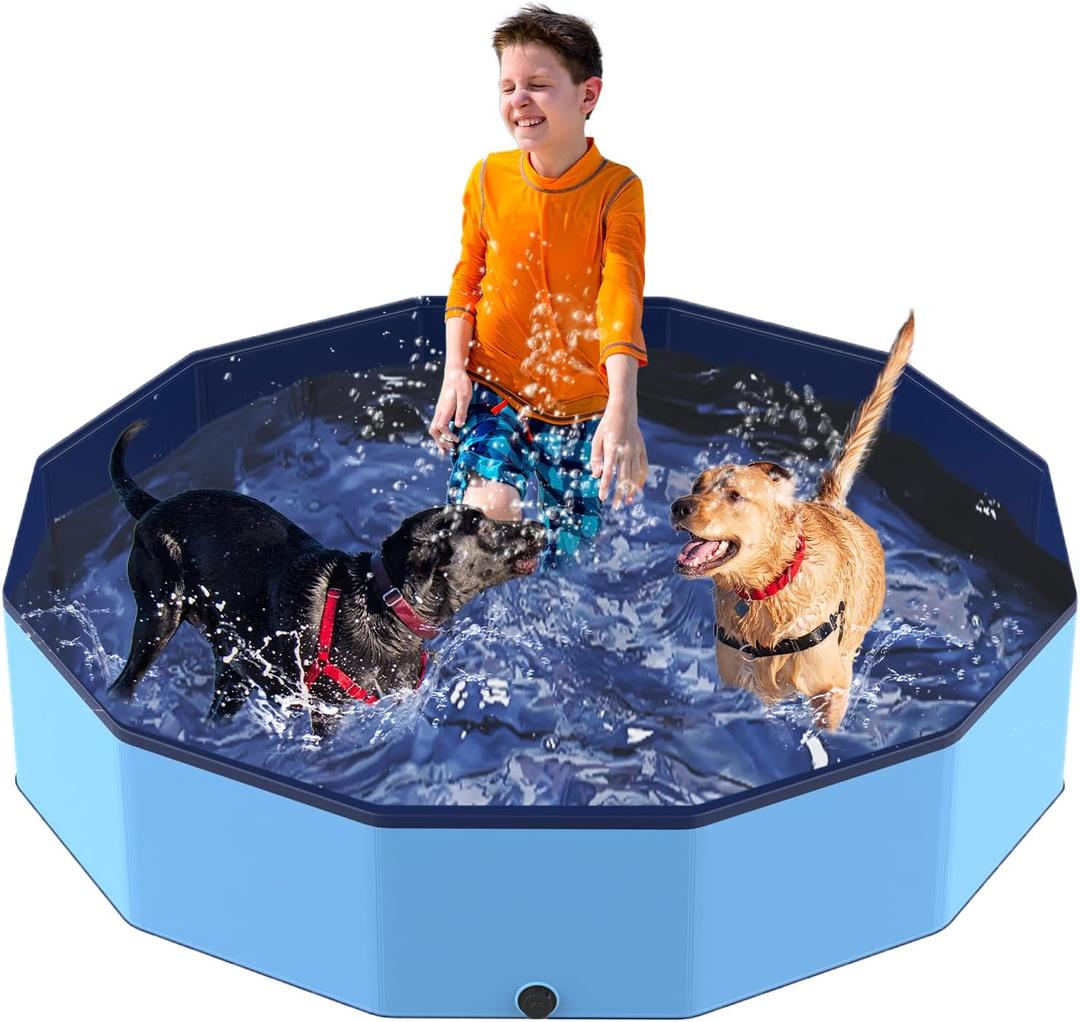 Foldable Pool for Dog and Kids 57" Washing Portable Plastic Tub for Large Dog, Non-Slip Collapsible Kiddie Swimming Wading Pool for Toddler Age 3-5 Outdoor Backyard (Blue - 57 Inch)