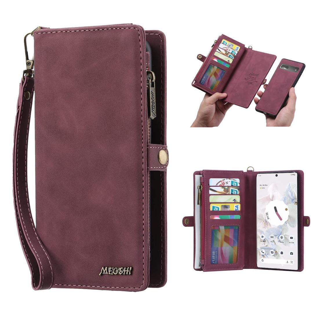 Simicoo Pixel 8 Pro Wallet case, Pixel 8 Pro Flip Leather case Card Slots Holder Zipper Purse Detachable Magnetic Cover Hand Strap Cash Pocket Pouch Wallet for Woman Man (Red)