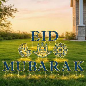 13PCS Ramadan Decorations Yard Sign, Light up Outdoor Signs 10 Letters Eid Mubarak 3 Patterns Moon Star Palace Ramadan Kareem Sign with Stakes for Muslim Islamic Party Lawn Garden Eid Decor