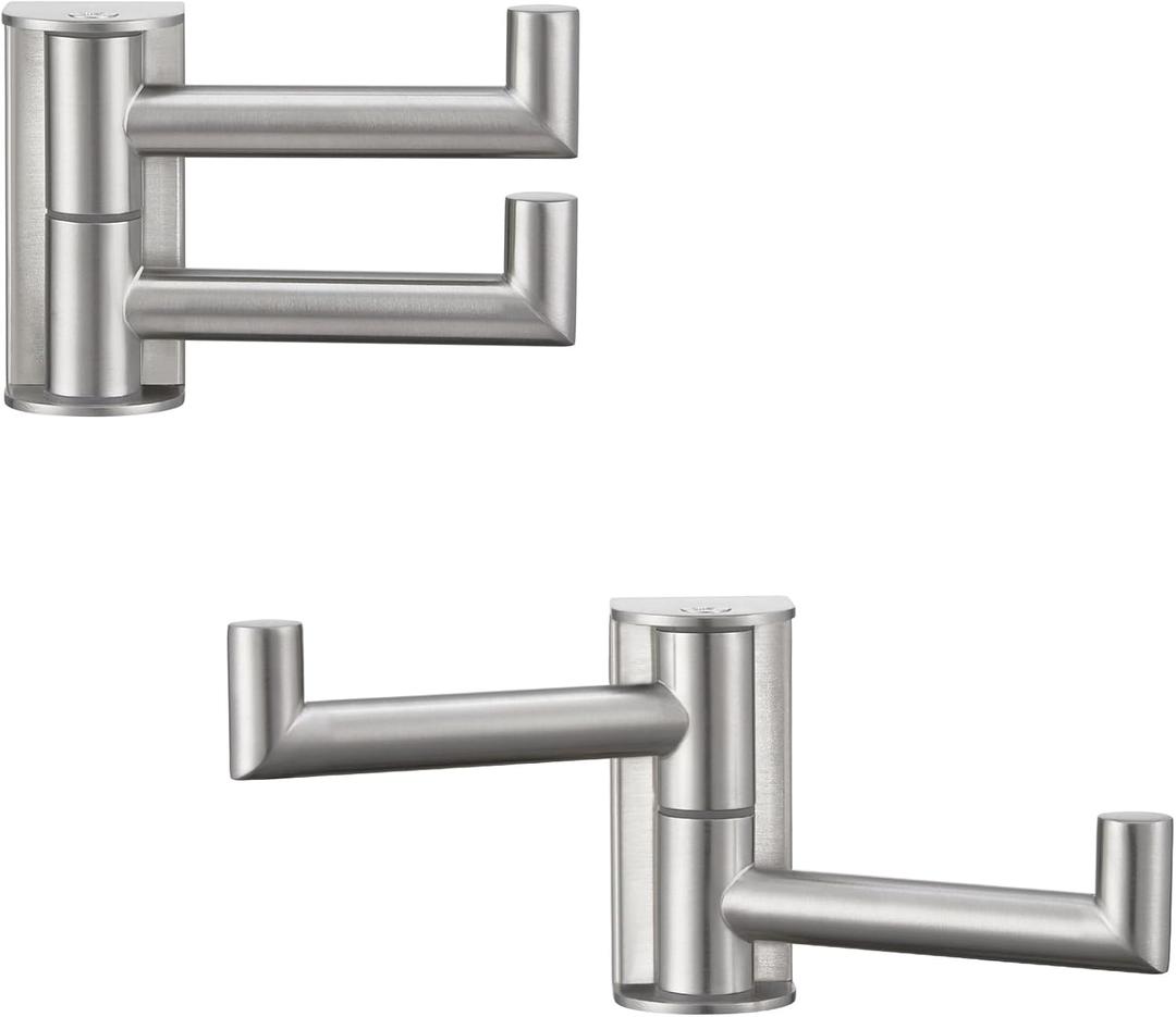 APLusee 2 Pack Swivel Coat Hooks Brushed Nickel, 304 Stainless Steel Foldable Bathroom Towel Hooks with 2 Rotating Arms, Wall Mounted