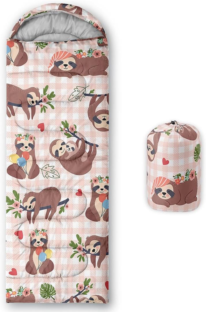 QOOMO Cute Cartoon Sloth Printed Camping Sleeping Bags, 3 Season Warm & Cool Weather, Lightweight, Waterproof Sleeping Bags for Adults & Kids, Traveling, and Outdoors, Camping Gear Equipment, 31x90inch