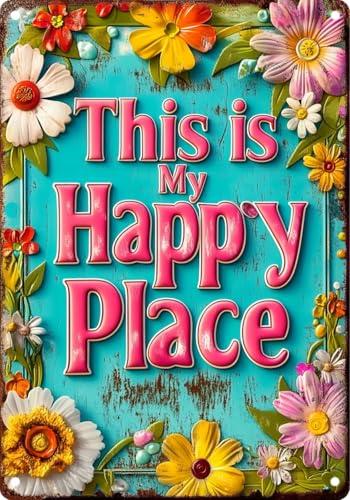 FWBOYSV Vintage Tin HAPPY PLACE Sign Retro Metal Sign,Suitable for home, street, shop, garage, bar, farm, garden - multi-purpose metal sign for indoor/outdoor use Plaque 8x12 Inch