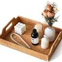 Wicker Tray Rectangle with Handles, Handmade Rattan Natural Woven Tray, Rattan Serving Wicker Trays for Decor Storage, Coffee Table Basket Trays for Breakfast Bread Fruit Snack