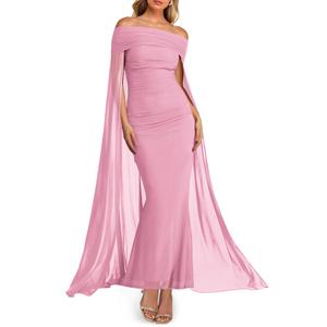 HESUUIO Elegant Off Shoulder Formal Dress Mesh Cape Overlay Wedding Guest Evening Gowns Bodycon Maxi Long Dress Pink M