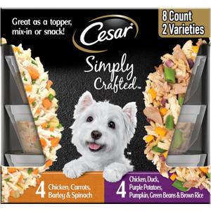 2 x Cesar Simply Crafted Wet Dog Food Toppers for Dry Food, Chicken, Duck, Purple Potatoes, Pumpkin, Green Beans & Brown Rice, and Chicken, Carrots, Barley & Spinach Variety Pack, 1.3 oz Tubs, 8 Count (EXP 11/29/27)