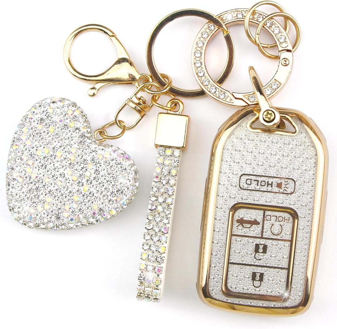 Key Fob Cover with Diamond Keychain Car Key Holder Case Compatible with 2016-2022 Honda Accord Civic CRV Pilot Ridgeline Passport Smart Remote Key Protector for Women, 5 Buttons (White-Heart)