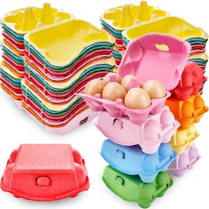 48 Pack Half Dozen Egg Cartons Natural Pulp Paper Egg Holder 6 Count Easter Color Storage Box Reusable Cardboard Eggs Carton for Easter Toy,Gifts,Crafts, 8 Colors