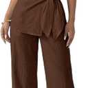 Women's Going Out Two Piece Sets Cap Sleeve Tie Waist Button Down Shirt Wide Leg Pants Dressy Casual Outfits (Brown, M)