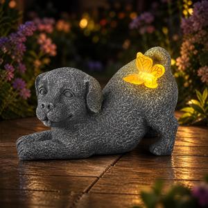 Solar Dog Statue with Butterfly Light, Outdoor Puppy Resin Garden Figurine for Patio Yard Lawn, Pet Memorial Gift for Dog Lovers
