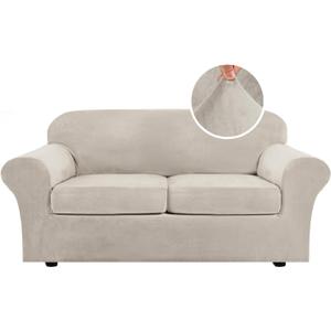 H.VERSAILTEX Real Velvet Plush 3 Piece Stretch Sofa Covers Couch Covers for 2 Cushion Couch Sofa Slipcovers Width Up to 90 Inch Feature Thick Soft Stay in Place (Sofa, French Oak)