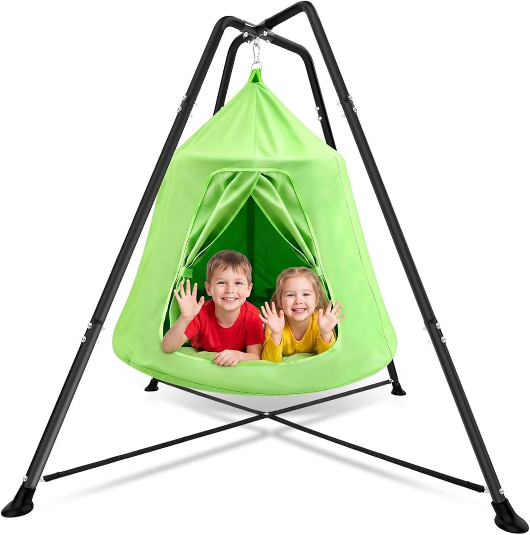 X-Shaped Swing Stand Frame with Tent Sensory Swing for Kids Adults Indoor Outdoor Use 330 Lbs Capacity Detachable Heavy Duty Hanging Chair Hammock Nest Pod with Stand for Mutiple Kids(Green)