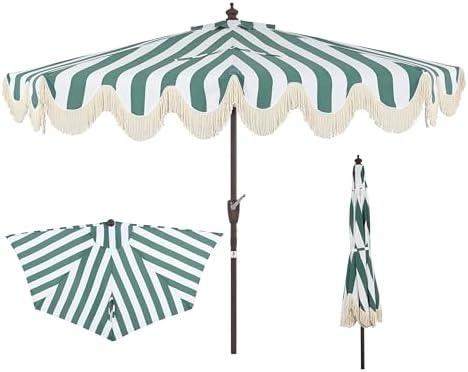 JONATHAN Y Half Umbrella UMB1201F Beverly 9 ft. Designer Classic Scalloped Fringe Market Patio with Crank, Push Button Tilt and UV Protection in Green/White