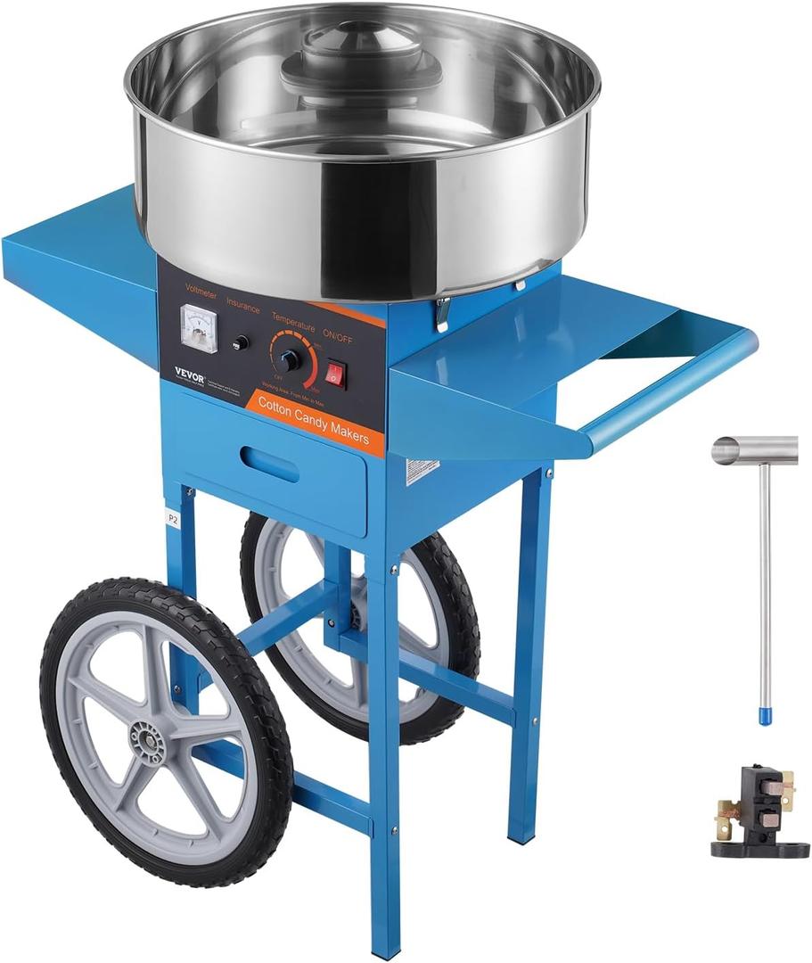 VEVOR Electric Cotton Candy Machine with Cart, 1000W Commercial Candy Floss Maker with Stainless Steel Bowl, Sugar Scoop and Drawer, Perfect for Home, Kids Birthday, Family Party, Blue