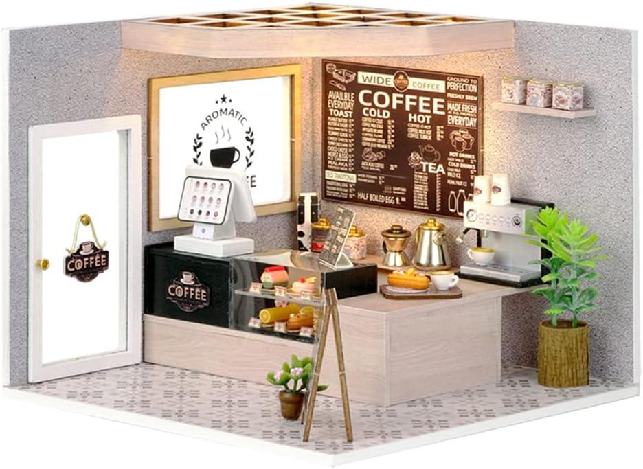 TuKIIE DIY Miniature Dollhouse Kit with Furniture, 1:24 Scale Creative Room Mini Wooden Doll House Accessories Plus Dust Proof for Kids Teens Adults(Coffee Shop)
