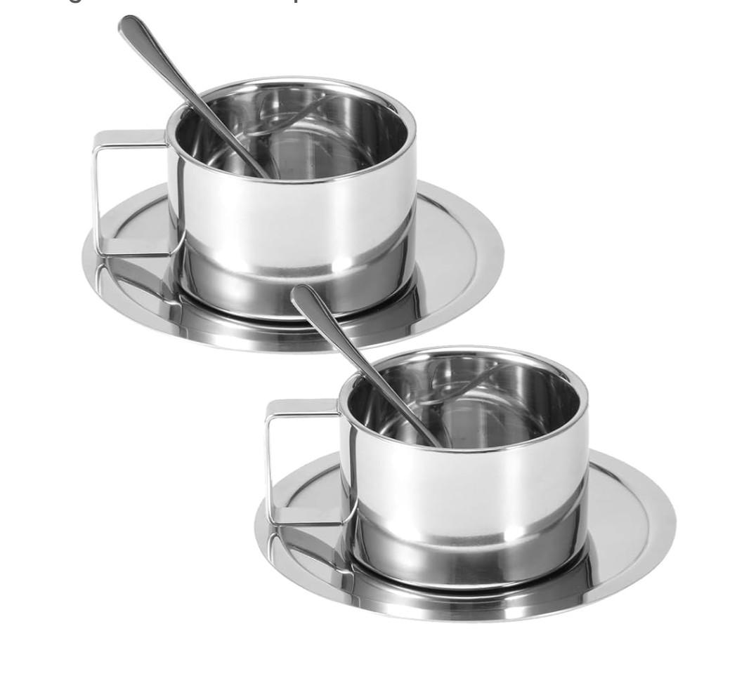 Hapivida 2Pcs Stainless Steel Coffee Cup Set, 200ml/7oz Insulated Coffee Cup Set Double Walled Mugs Milk Tea With Spoon Saucer