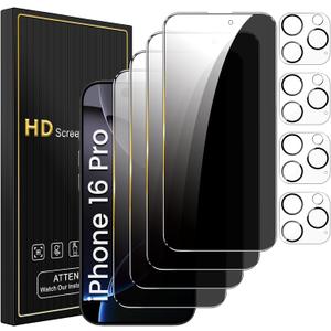 Romkasi 4 Pack Privacy Screen Protector for iPhone 16 Pro 6.3 Inch with 4 Pack Camera Lens Protector, Anti Spy Tempered Glass Film, Anti-Scratch, Touch Sensitive, Case Friendly
