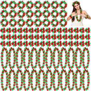 Sdfvsdg 96 Pcs Christmas Hawaiian Luau Leis Set Red Green Tropical Hawaiian Flower Necklace Headband Bracelets
