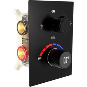 Digital Shower Diverter Valve Temperature Display 3 Way Shower Mixer Brass Rough-in and Rectangle Trim Kit, Triple Function, Black